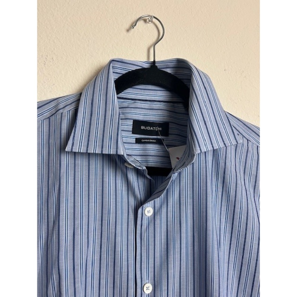 Bugatchi Classic Blue Striped Comfort Stretch Dress‎ Shirt Mens Size 15.5 NEW